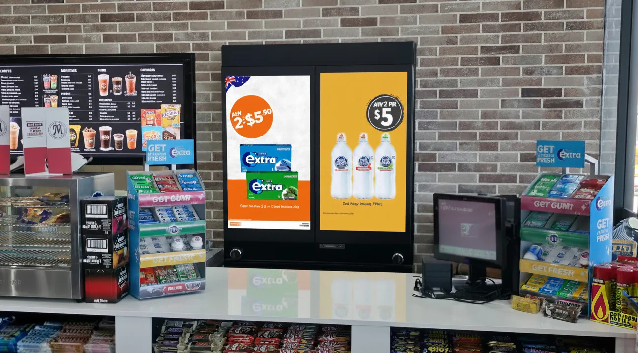 Dual-screen digital signage at a convenience store checkout displaying gum and water bottle promotions